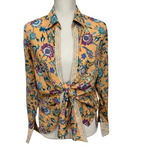 Revolve Pitusa Collared Floral Tie Shirt Multicolor Lace Boho SZ M Crochet NWOT - Picture 1 of 11